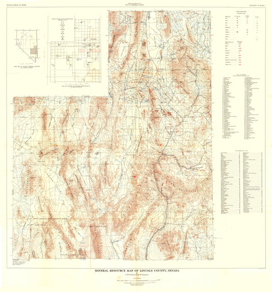 Historic Mine Map - Nevada Lincoln County Mineral Mines - Tschanz 1954 - 24.68 x 23 - Vintage Wall Art