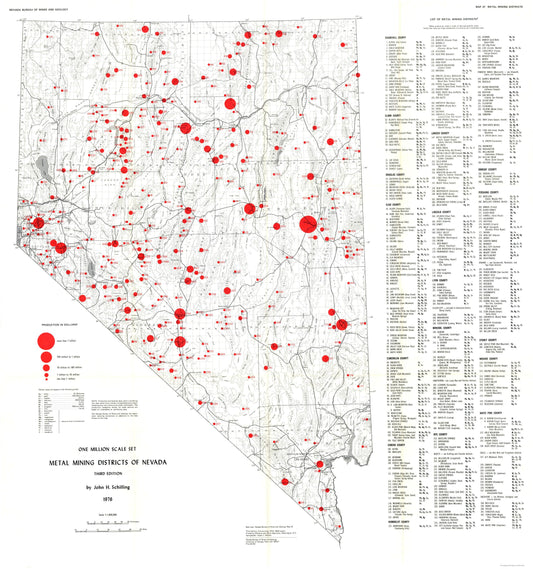 Historic Mine Map - Nevada Metal Mining Districts  - Schilling 1976 - 23 x 24.56 - Vintage Wall Art