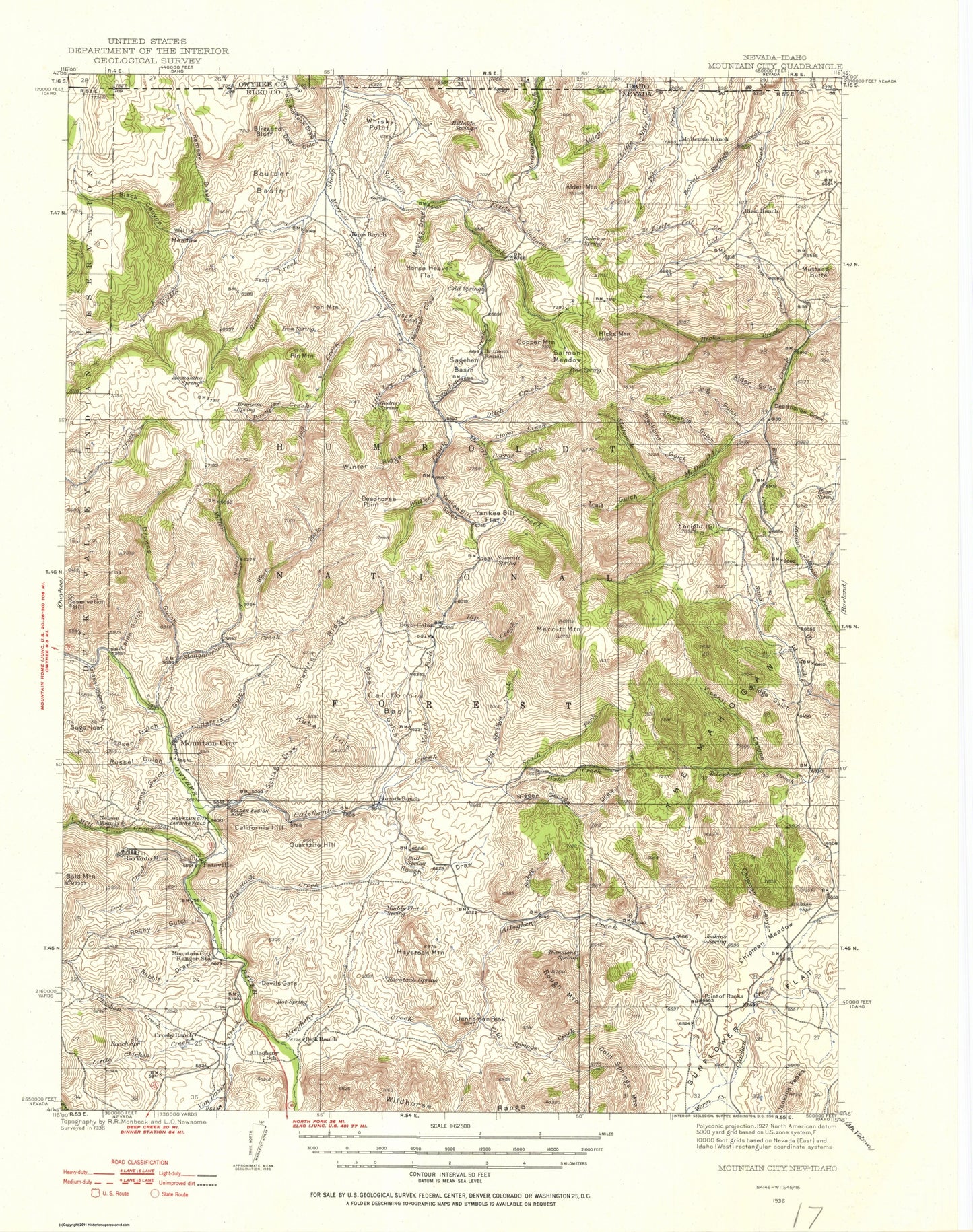 Topographical Map - Mountain City Nevada Idaho Quad - USGS 1936 - 23 x 29.13 - Vintage Wall Art