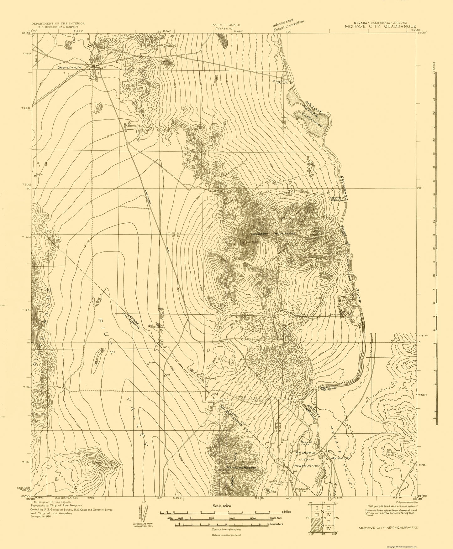 Topographical Map - Mohave City Nevada California Arizona Quad - USGS 1926 - 23 x 27.88 - Vintage Wall Art