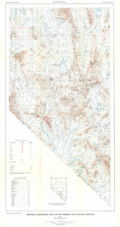 Historic Mine Map - Nevada Southern Nye County Minerals Mines - Cornwall 1954 - 23 x 43.16 - Vintage Wall Art