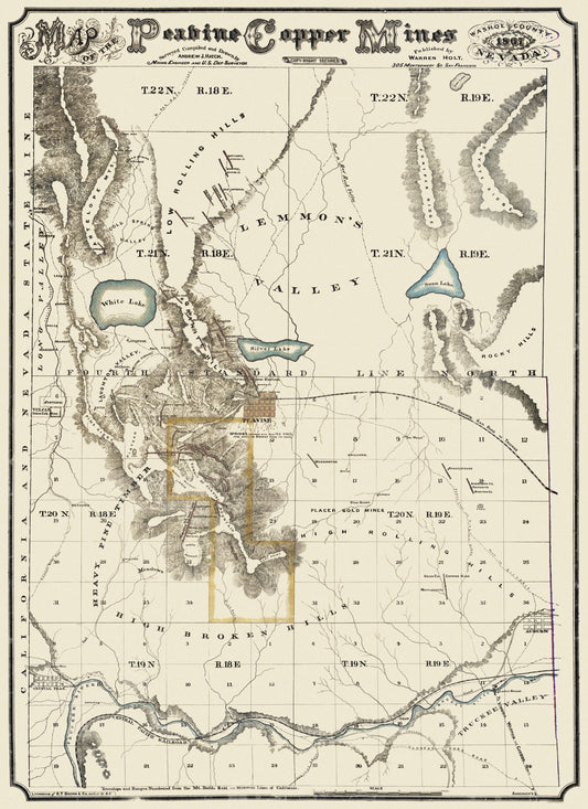 Historic Mine Map - Nevada Peavine Copper Mines - Hatch 1867 - 23 x 31.63 - Vintage Wall Art