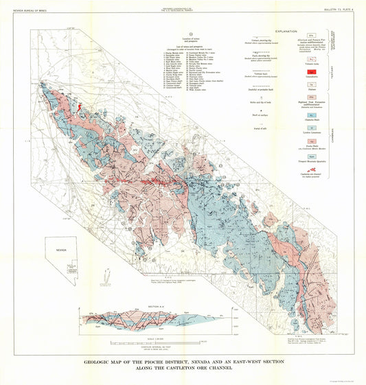 Historic Mine Map - Nevada Pioche District Castleton Ore Channel Mines - USGS 1949 - 23 x 24.22 - Vintage Wall Art