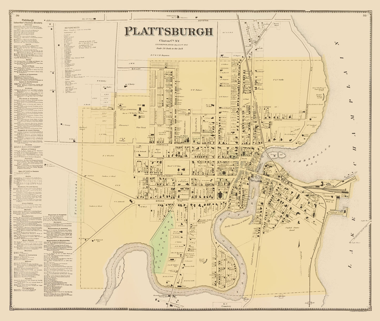 Historic City Map - Plattsburgh New York - Beers 1869 - 23 x 27.24 - Vintage Wall Art