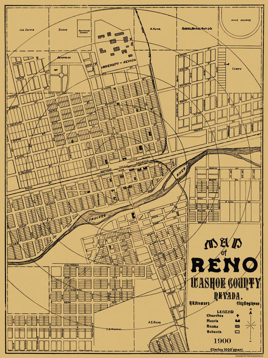 Historic City Map - Reno Nevada - Stewart 1900 - 23 x 30.69 - Vintage Wall Art