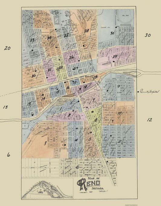 Historic City Map - Reno Nevada - 1927 - 23 x 29.38 - Vintage Wall Art