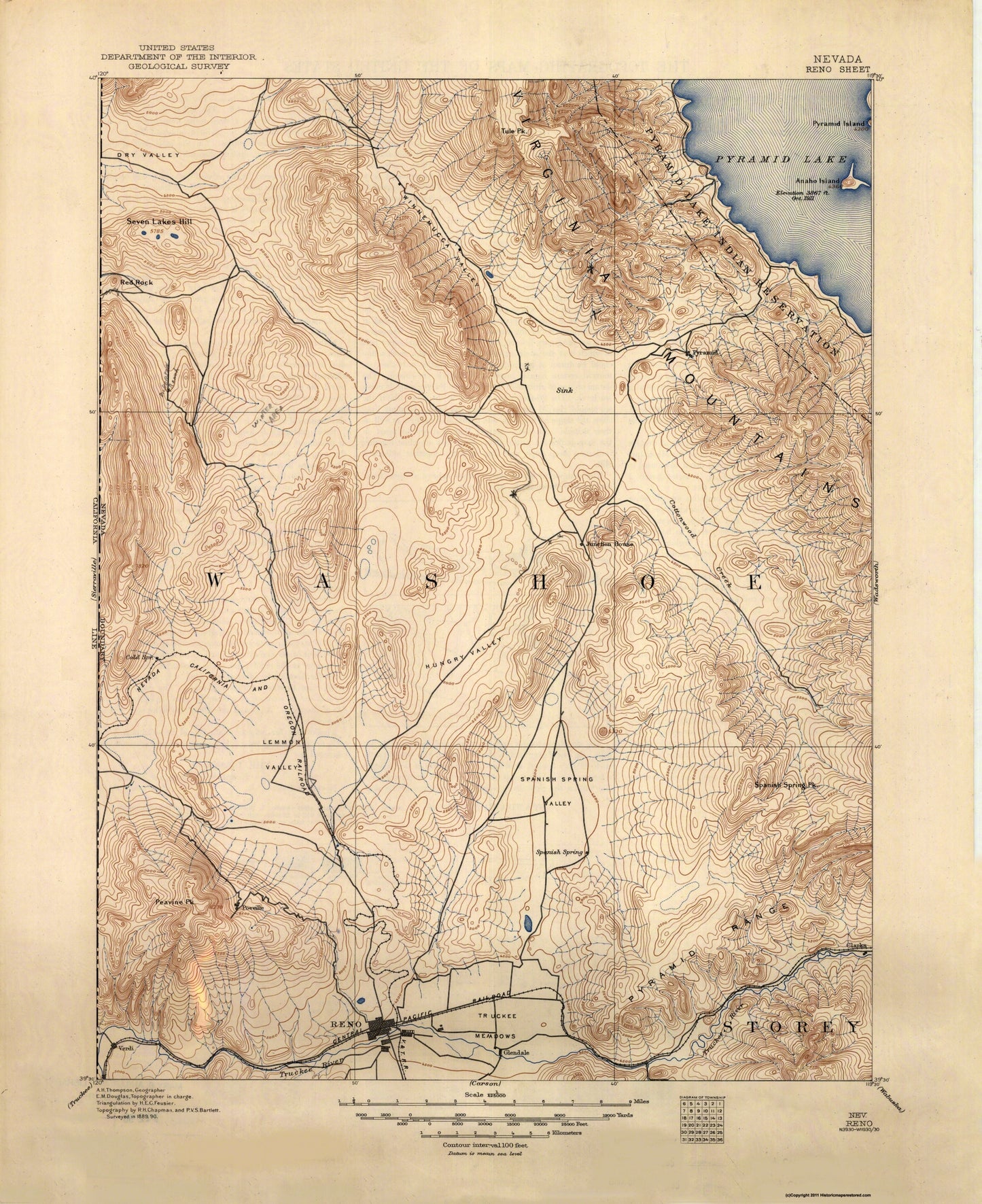 Topographical Map - Reno Nevada Sheet - USGS 1893 - 23 x 28.19 - Vintage Wall Art