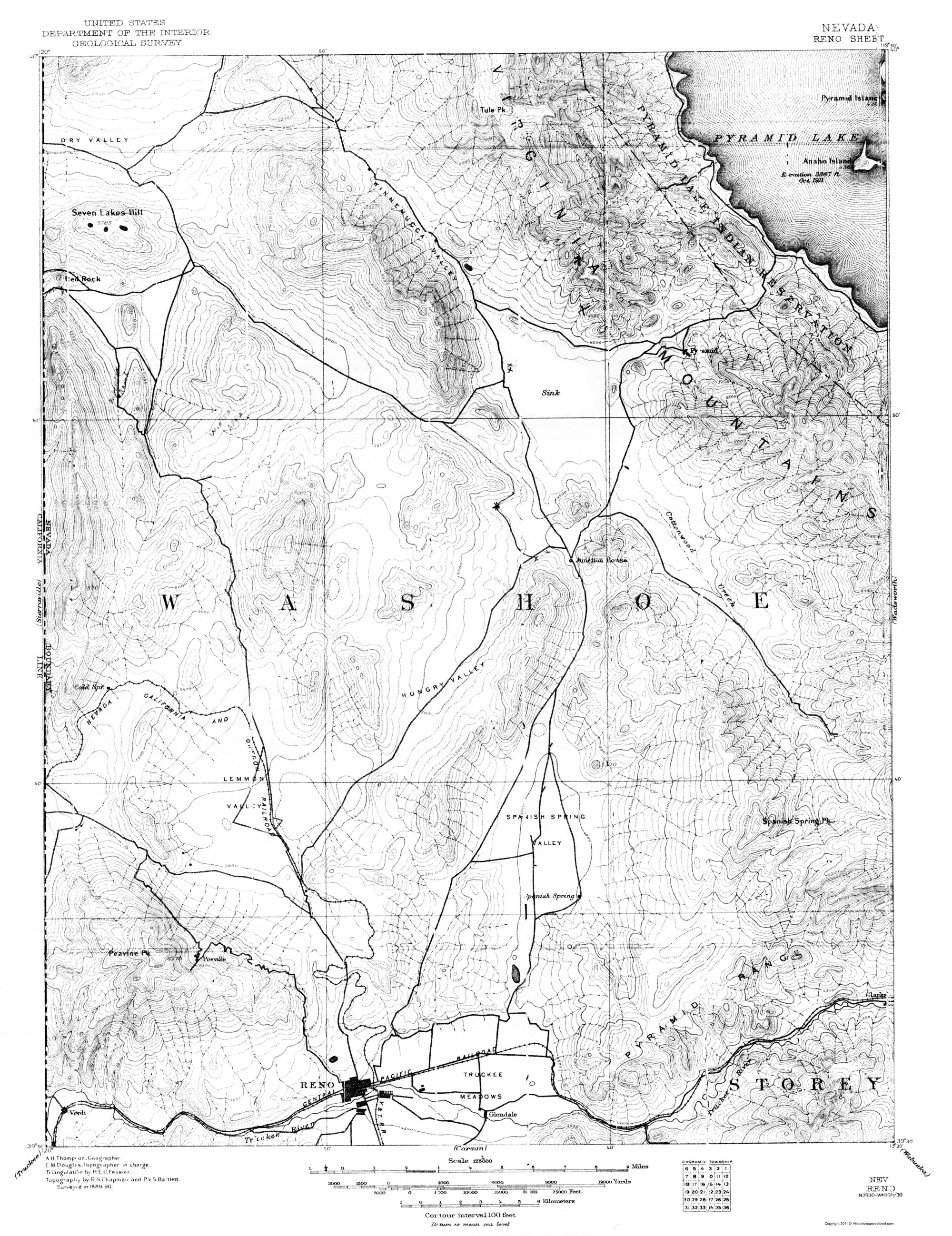 Topographical Map - Reno Nevada Sheet - USGS 1889 - 23 x 29.87 - Vinta ...