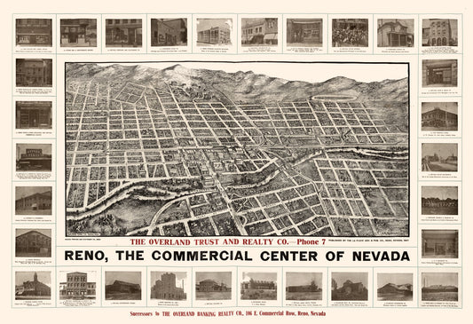 Historic Panoramic View - Reno Nevada - Brown 1907 - 33.59 x 23 - Vintage Wall Art
