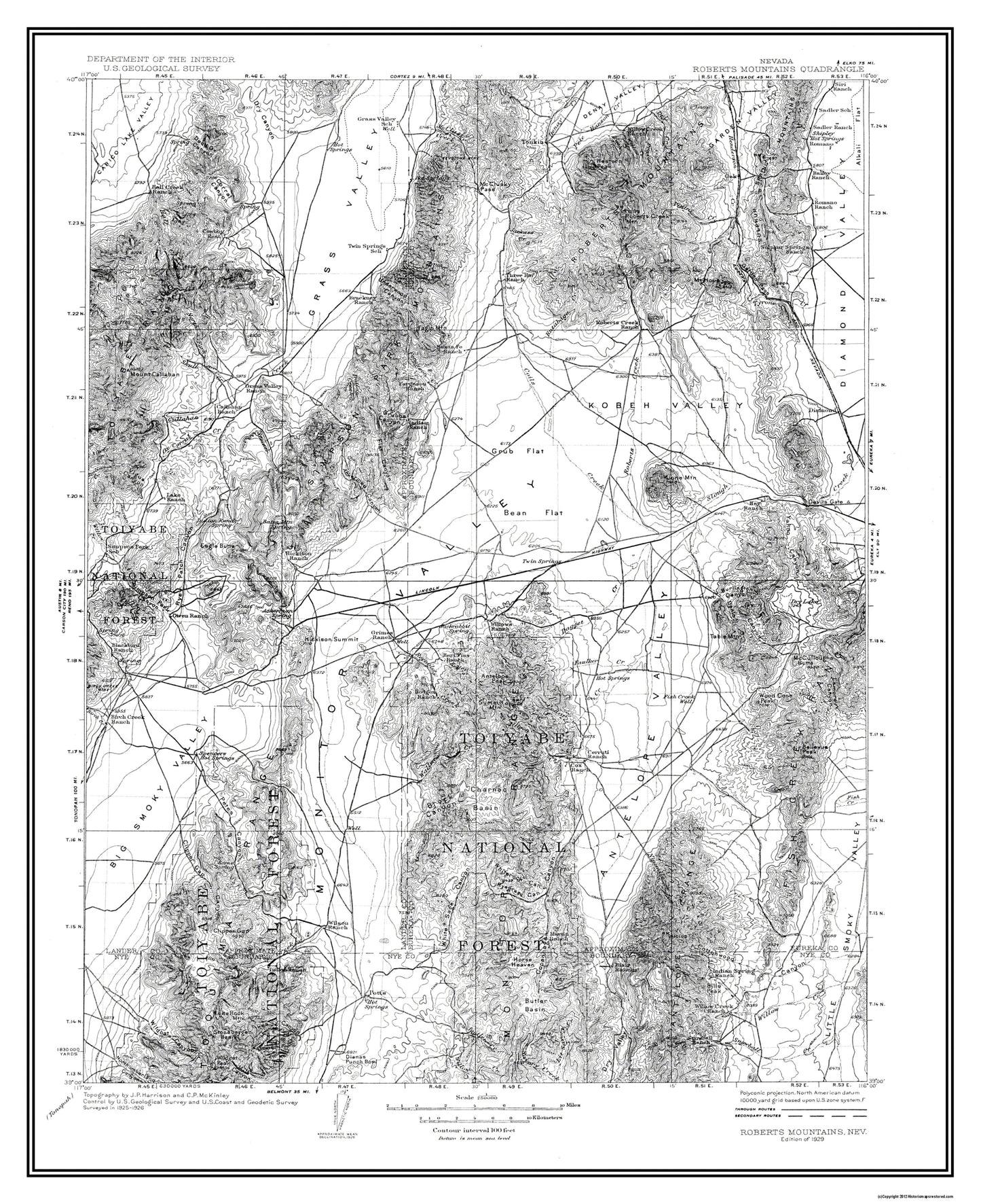 Topographical Map - Mt Roberts Nevada Quad - USGS 1929 - 23 x 28.2 - Vintage Wall Art