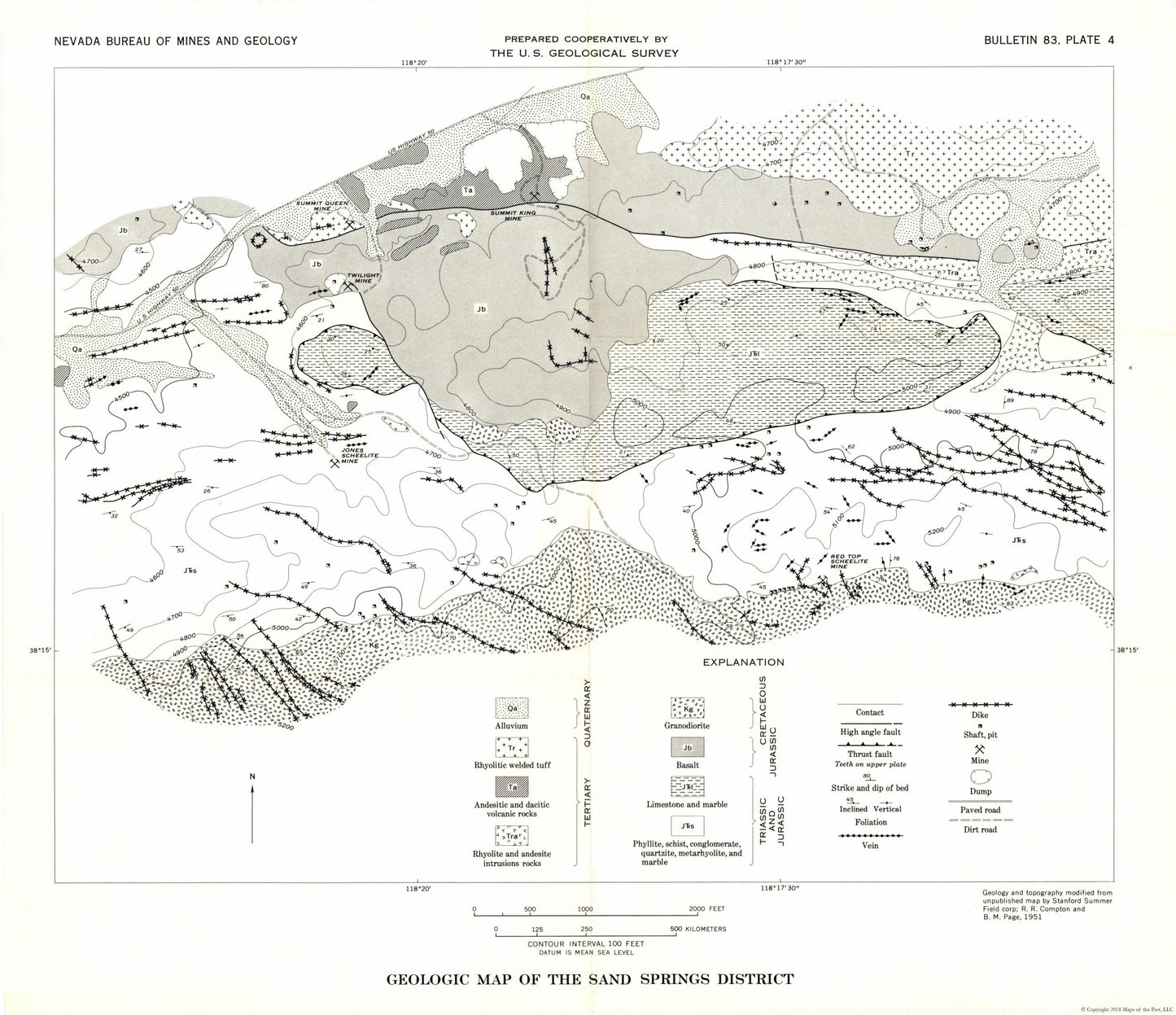 Historic Mine Map - Nevada Sand Springs District Mines - USGS 1951 - 26.65 x 23 - Vintage Wall Art