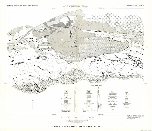 Historic Mine Map - Nevada Sand Springs District Mines - USGS 1951 - 26.65 x 23 - Vintage Wall Art