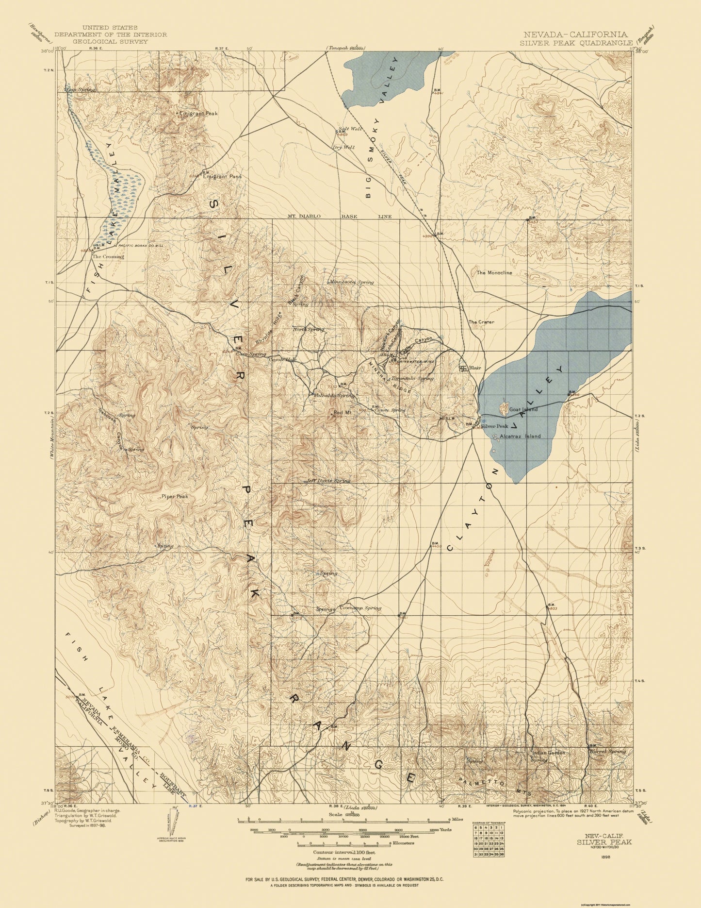 Topographical Map - Silver Peak Nevada Quad - USGS 1900 - 23 x 29.76 - Vintage Wall Art