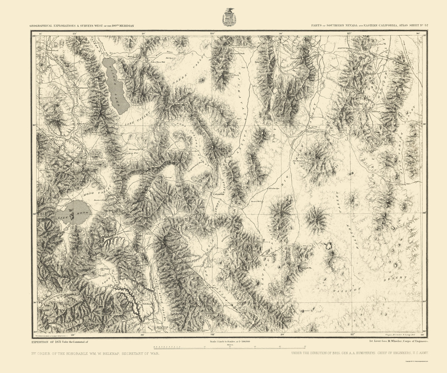 Topographical Map - Southern Nevada California Geographical Sheet - US Army 1871 - 23 x 27 - Vintage Wall Art