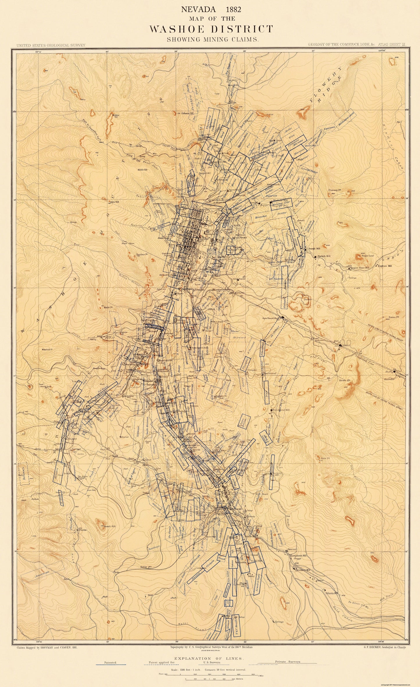 Historic Mine Map - Nevada Washoe Mining District Claims - Hoffman 1882 - 23 x 37.63 - Vintage Wall Art