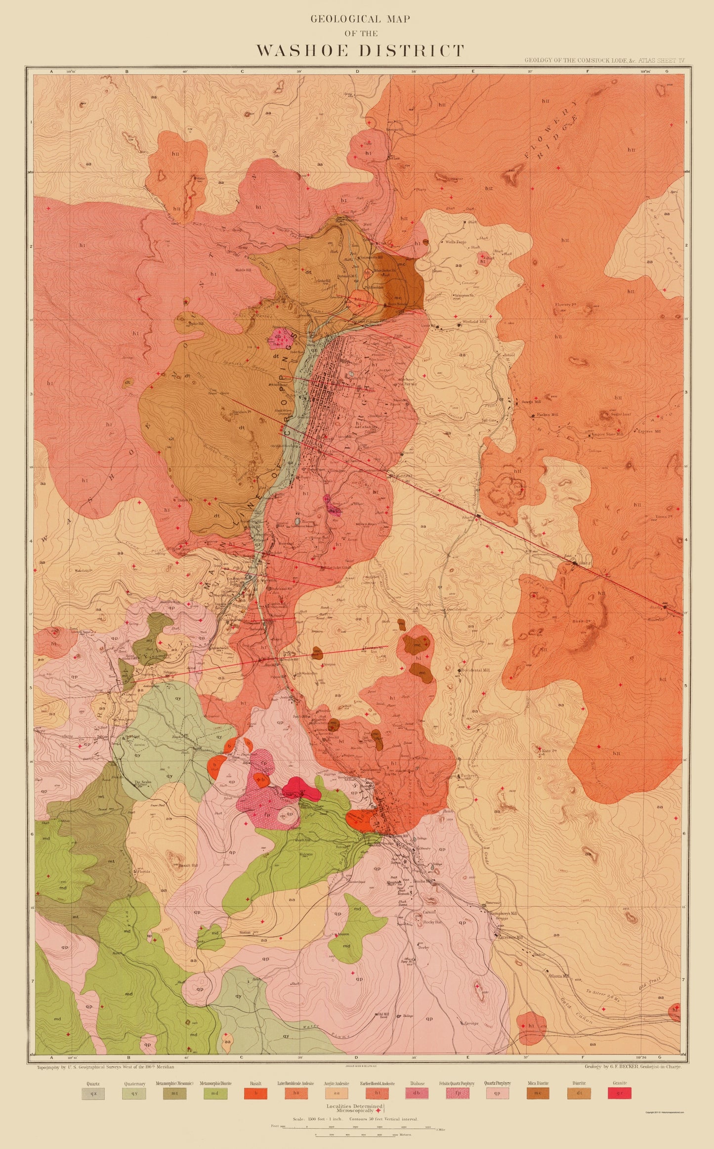 Topographical Map - Washoe District Nevada - Becker 1882 - 23 x 36.98 - Vintage Wall Art