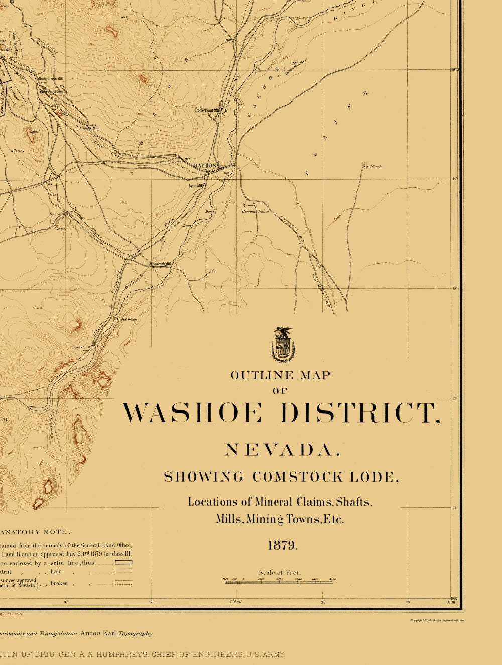 Historic Mine Map - Nevada Washoe District Outline Comstock Lode - USGS 1879 - 23 x 30 - Vintage Wall Art