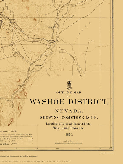 Historic Mine Map - Nevada Washoe District Outline Comstock Lode - USGS 1879 - 23 x 30 - Vintage Wall Art