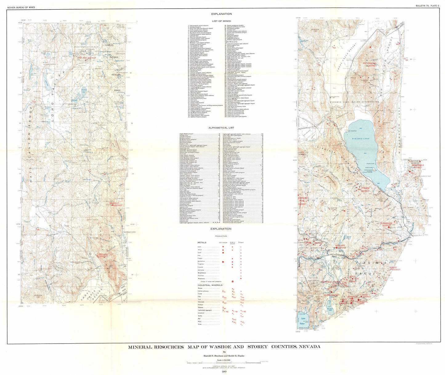 Historic Mine Map - Nevada Washoe Storey Counties Mineral Mines - Bonham 1969 - 27.27 x 23 - Vintage Wall Art