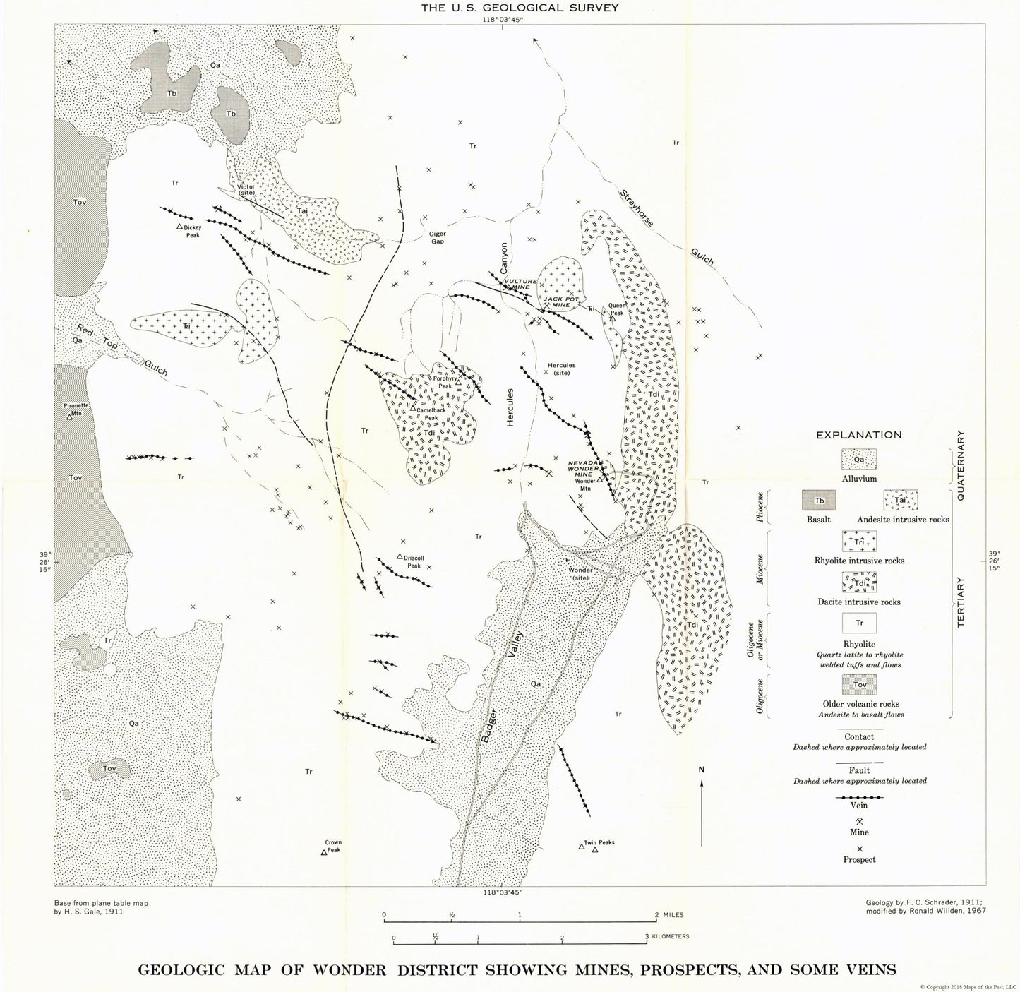 Historic Mine Map - Nevada Wonder District Mines Prospects Veins - USGS 1911 - 23.66 x 23 - Vintage Wall Art