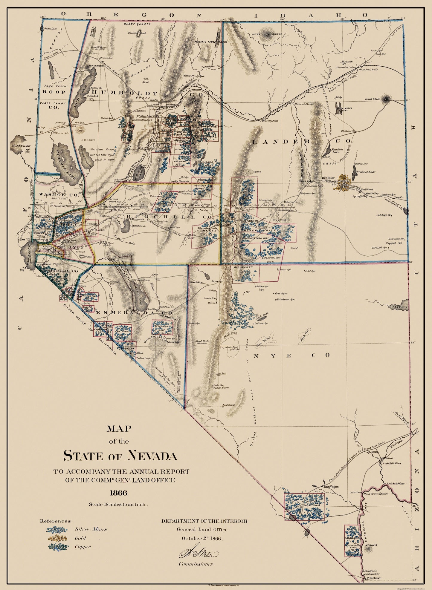 Historic Mine Map - Nevada Gold Silver Copper Mines - USGS 1866 - 23 x 31.44 - Vintage Wall Art