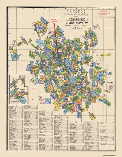 Historic Mine Map - Nevada Divide Mining District  - Codd 1919 - 23 x 29.5 - Vintage Wall Art