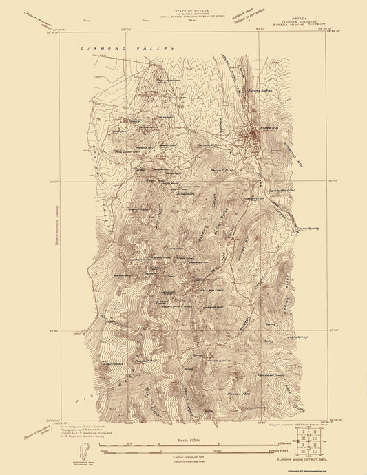 Topographical Map - Eureka Mining District Nevada Sheet - USGS 1927 - 23 x 29.76 - Vintage Wall Art