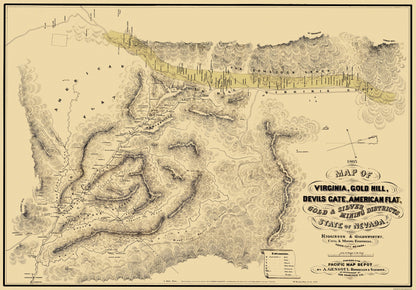 Historic Mine Map - Nevada Gold Silver Mining Districts - Higginson 1865 - 33 x 23 - Vintage Wall Art