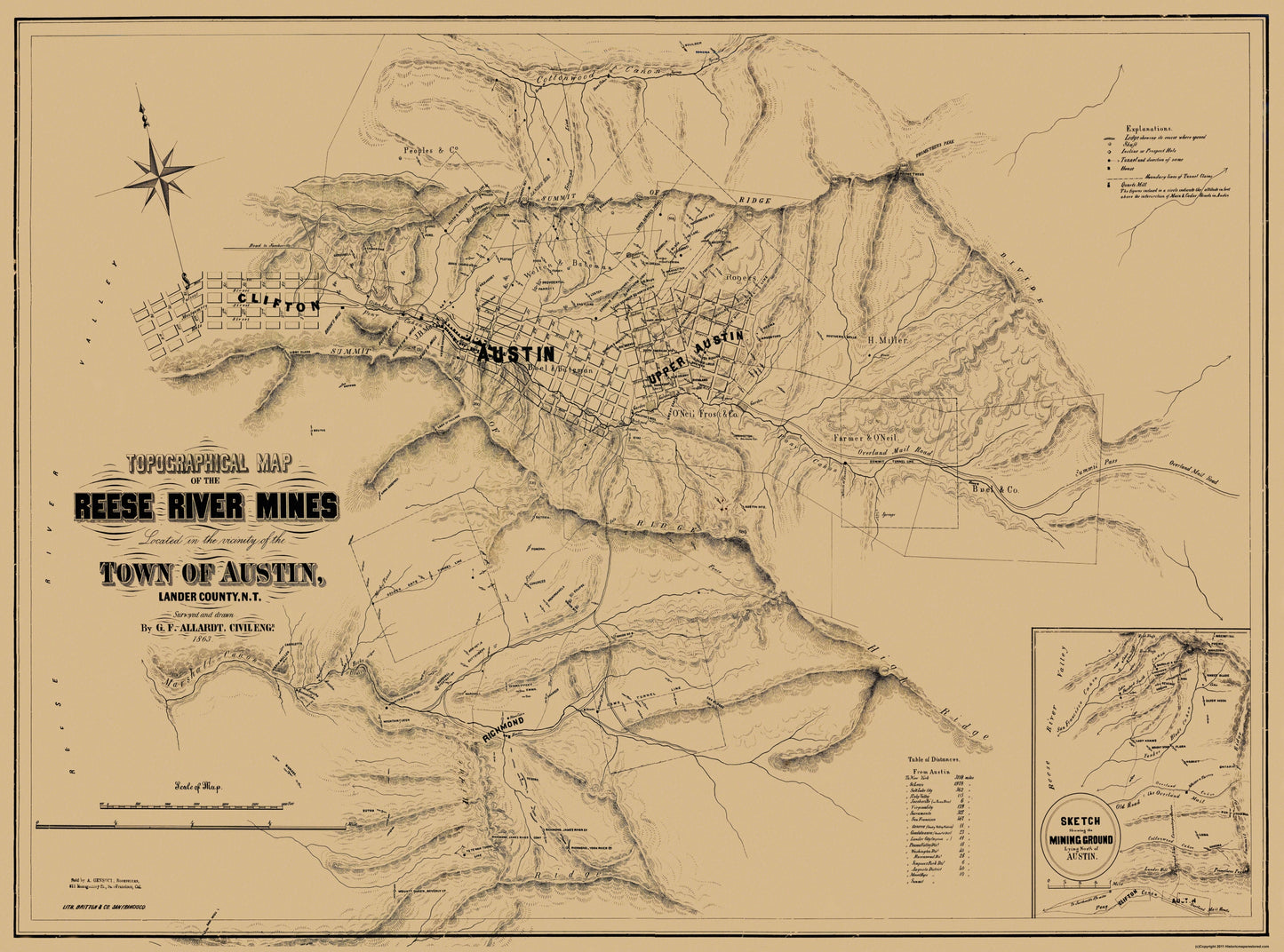 Historic Mine Map - Nevada Austin Reese River Mine District - Allardt 1863 - 31 x 23 - Vintage Wall Art