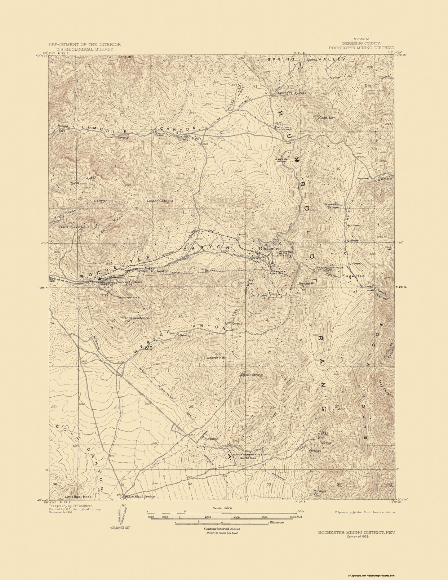 Topographical Map - Rochester Mining Nevada - USGS 1928 - 23 x 29.75 - Vintage Wall Art