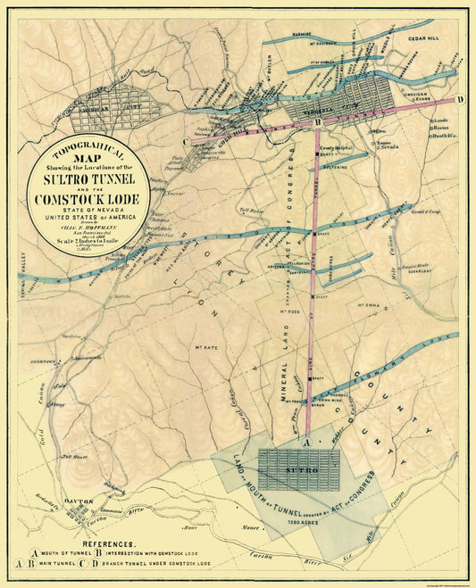 Historic Mine Map - Nevada Sultro Tunnel Comstock Lode - Hoffmann 1866 - 23 x 28.44 - Vintage Wall Art