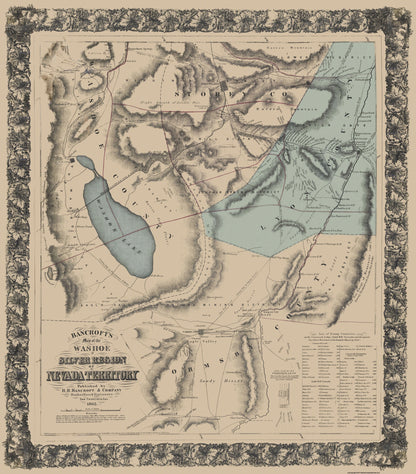 Historic Mine Map - Nevada Washoe Silver Region - Bancroft 1862 - 23 x 26.19 - Vintage Wall Art