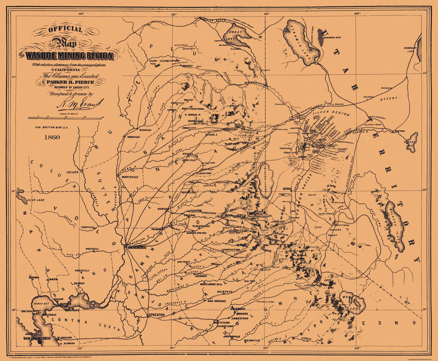 Historic Mine Map - California Washoe Mining Region - Pierce 1860 - 27.94 x 23 - Vintage Wall Art