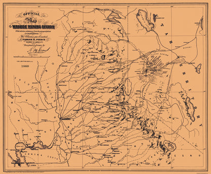 Historic Mine Map - California Washoe Mining Region - Pierce 1860 - 27.94 x 23 - Vintage Wall Art