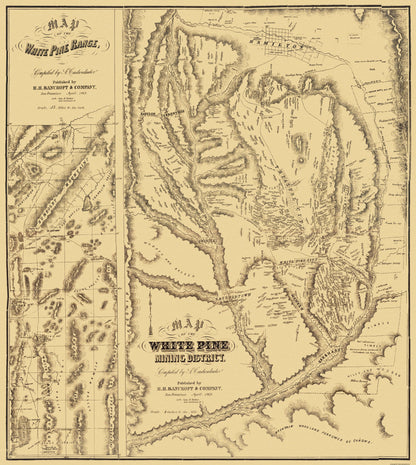 Historic Mine Map - Nevada White Pine Range Mining - Bancroft 1869 - 23 x 25.75 - Vintage Wall Art