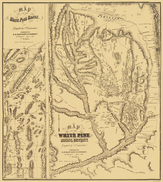 Historic Mine Map - Nevada White Pine Range Mining - Bancroft 1869 - 23 x 25.75 - Vintage Wall Art