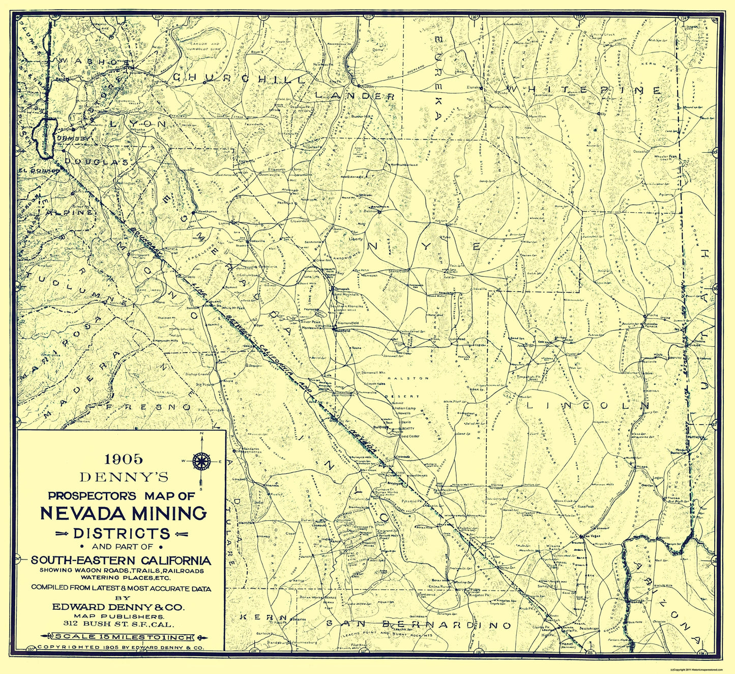 Historic Mine Map - Nevada Prospectors Mining District - Denny 1905 - 25.13 x 23 - Vintage Wall Art