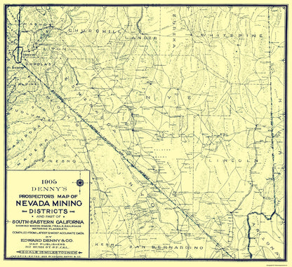 Historic Mine Map - Nevada Prospectors Mining District - Denny 1905 - 25.13 x 23 - Vintage Wall Art