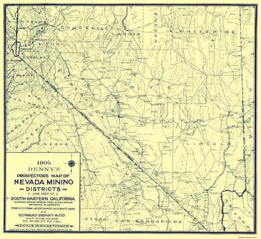 Historic Mine Map - Nevada Prospectors Mining District - Denny 1905 - 25.13 x 23 - Vintage Wall Art