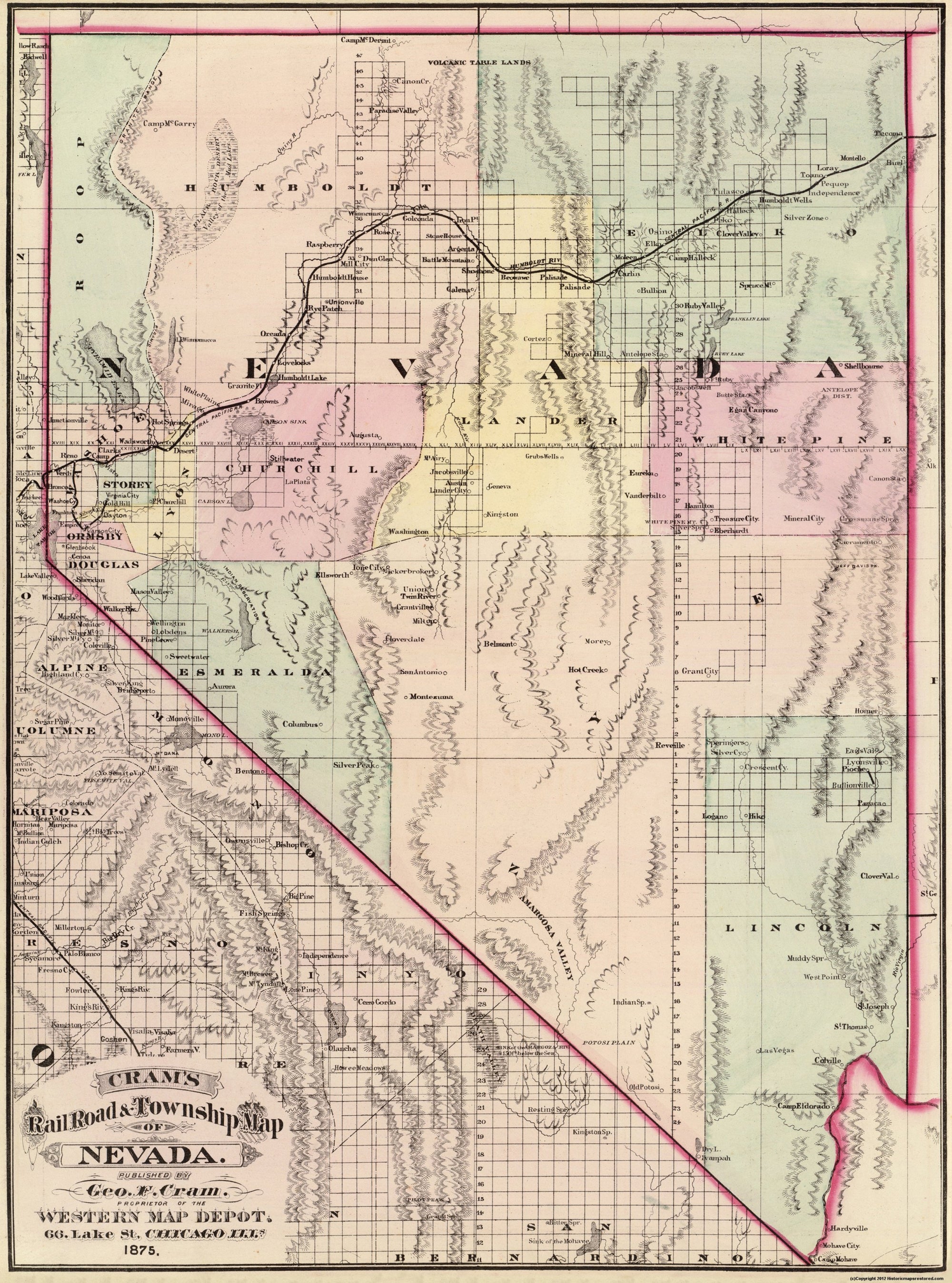 Railroad Map - Nevada Railroads Townships - Cram 1875 - 23 x 29.69 - V ...