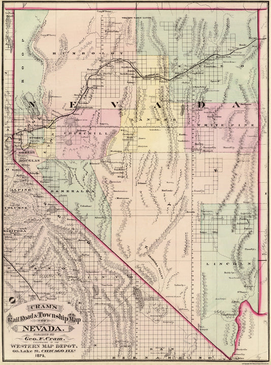 Railroad Map - Nevada Railroads Townships - Cram 1875 - 23 x 29.69 - Vintage Wall Art