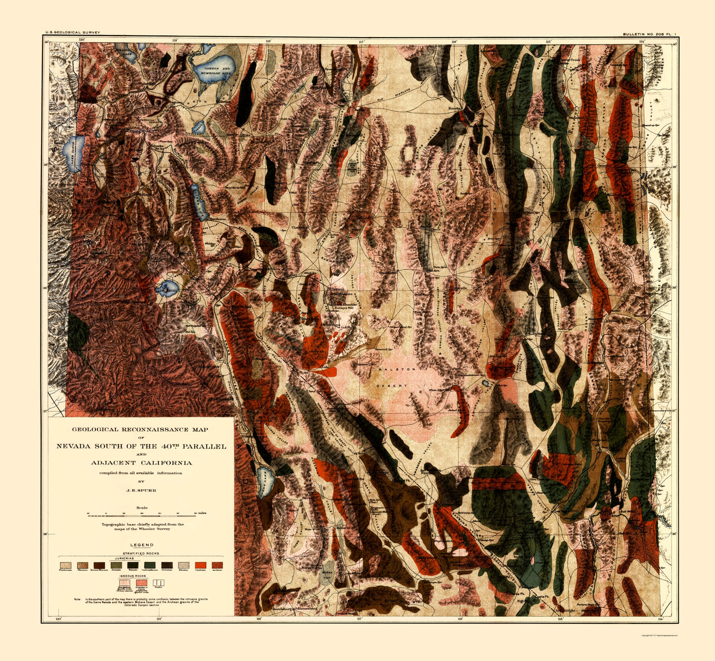 Topographical Map - Nevada S 40th Parallel Nevada - Spurr 1903 - 23 x 24.88 - Vintage Wall Art