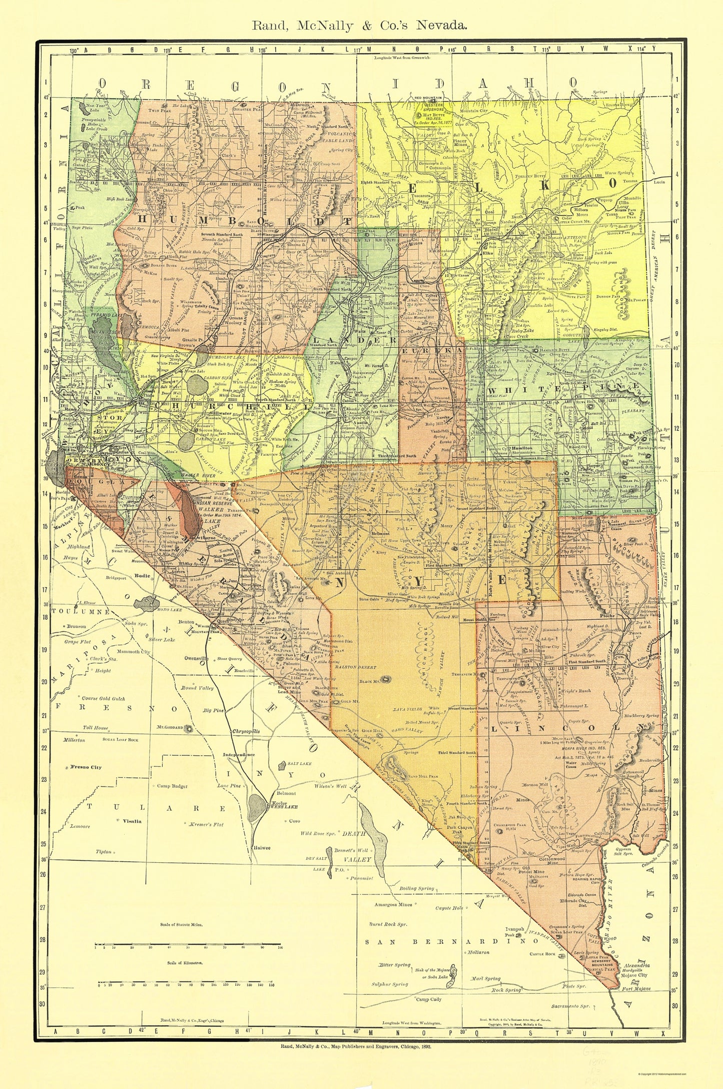 Historic State Map - Nevada - Rand McNally 1893 - 23 x 34.65 - Vintage Wall Art