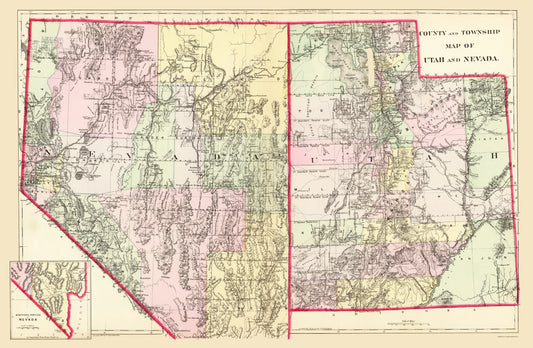 Historic State Map - Nevada Utah - Mitchell 1890 - 23 x 35.27 - Vintage Wall Art