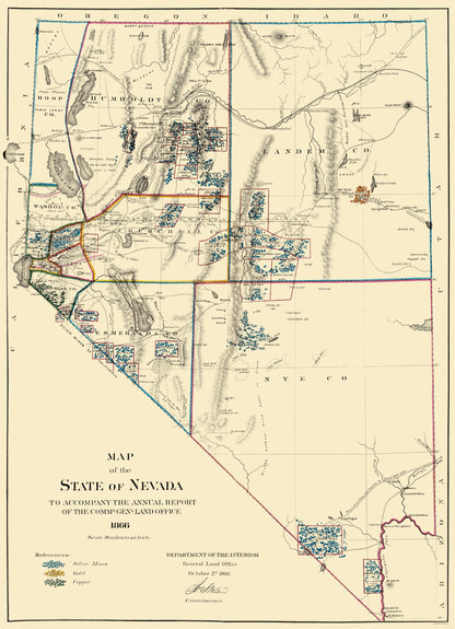 Historic Mine Map - Nevada Mining - General Land Office 1866 - 23 x 31.77 - Vintage Wall Art