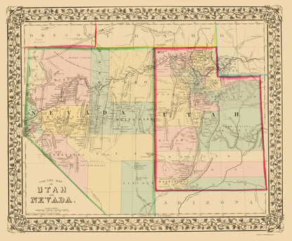 Historic State Map - Nevada Utah - Mitchell 1870 - 23 x 27.79 - Vintage Wall Art