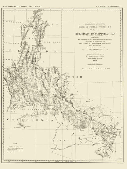 Topographical Map - Explorations Nevada Arizona - Wheeler 1871 - 23 x 30.60 - Vintage Wall Art