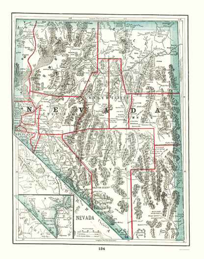 Historic State Map - Nevada - Rathbun 1893 - 23 x 29.16 - Vintage Wall Art