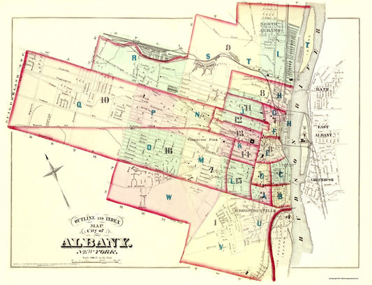 Historic City Map - Albany New York Outline and Index - Hopkins 1876 - 30 x 23 - Vintage Wall Art