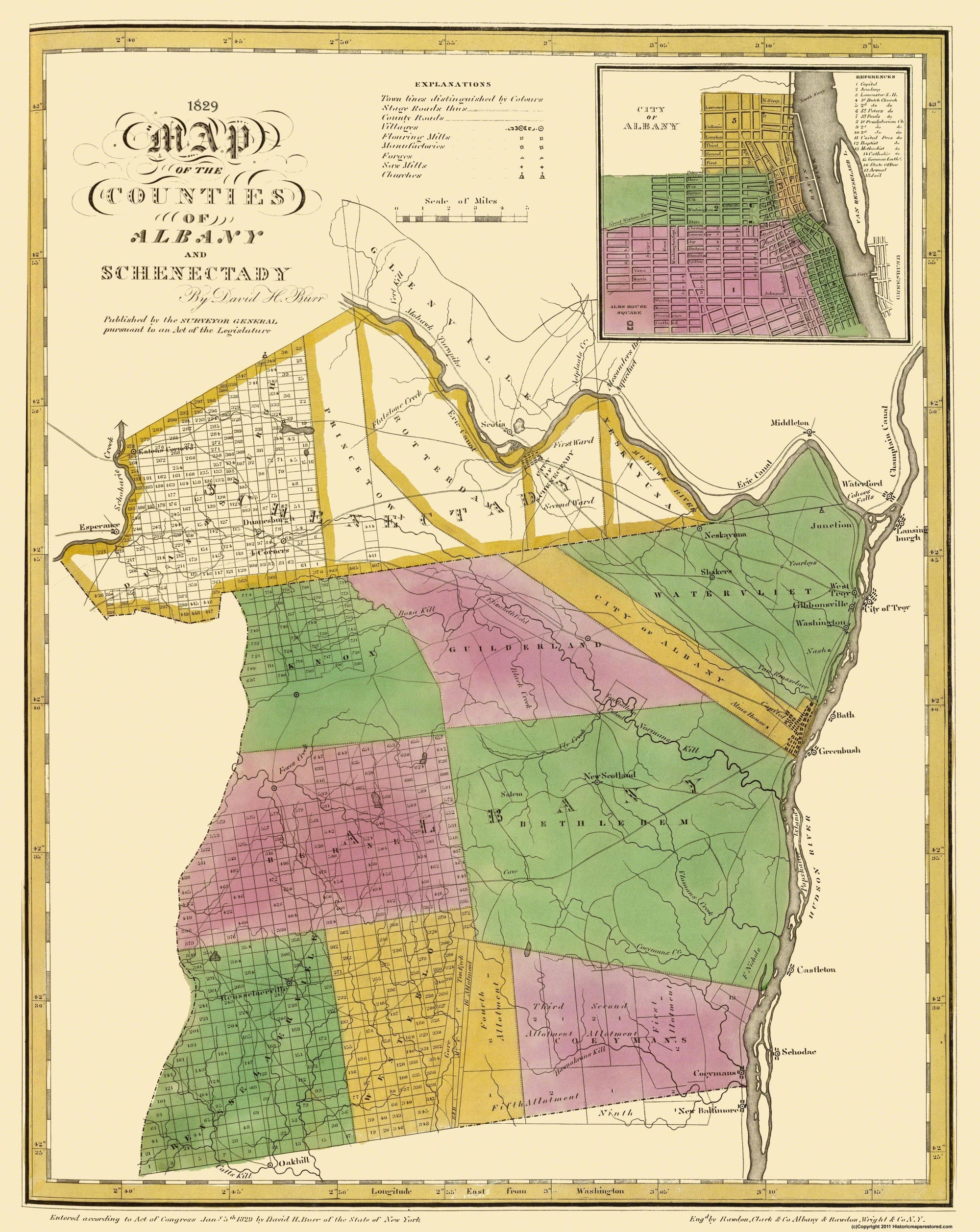 Historic County Map - Albany Schenectady Counties New York - Burr 1829 ...